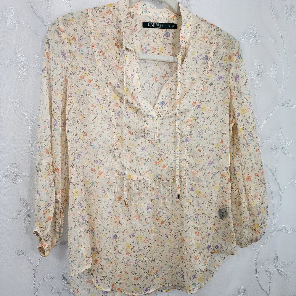 Ralph Lauren Sheer Floral Peach Tunic Style Blouse - Picture 3 of 10